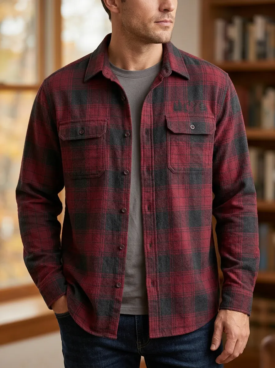 Mountain Pine Tree Plaid Button Front Shirt