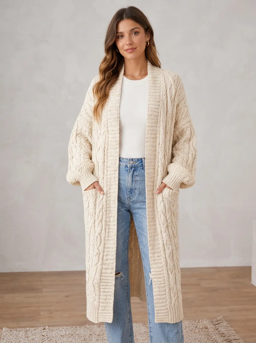 Women's Cable Knit Longline Cardigan Open-Front