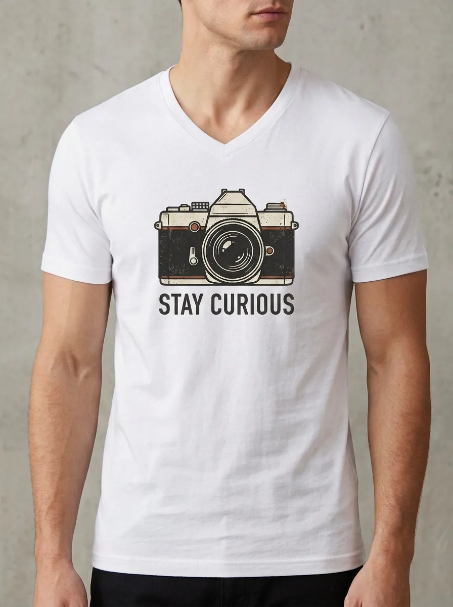 Men's Photographer Stay Curious Vintage Camera Printed V-neck T-shirt