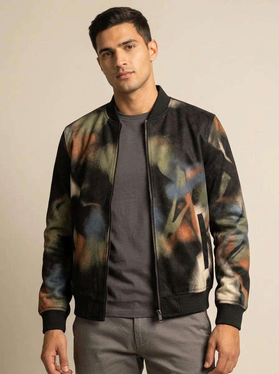 Men's Streetwear Abstract Spray Paint Printed Bomber Jacket