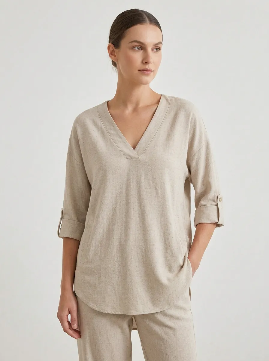 Short-Sleeve Rolled-Sleeve Linen-Blend Women's V-Neck Shirt