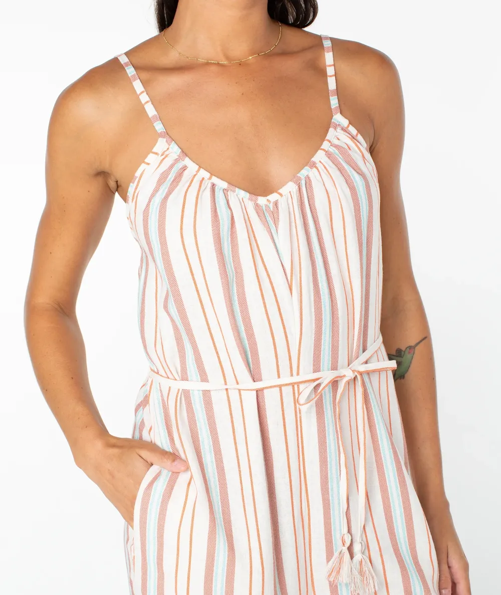 Striped Elastic Waist Cinching Long One-Piece Dress