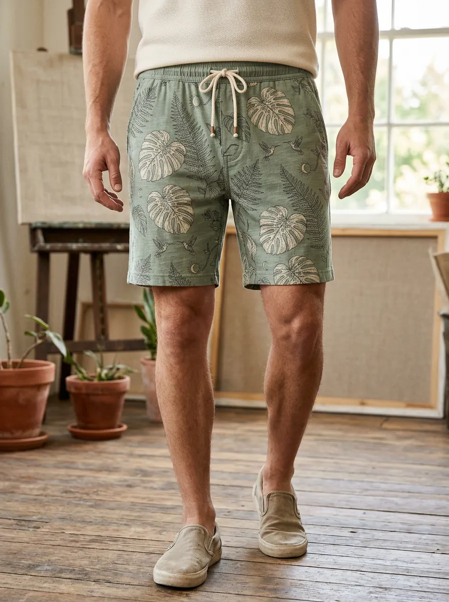 Men's Tropical Botanical Hummingbird Drawstring Shorts