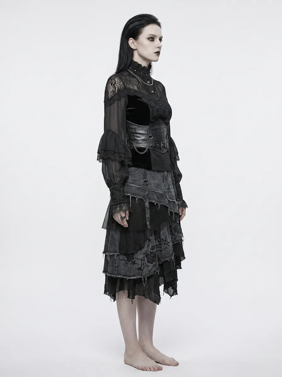 Women's Gothic Victorian Lace Ruffle Sleeve Printed Top