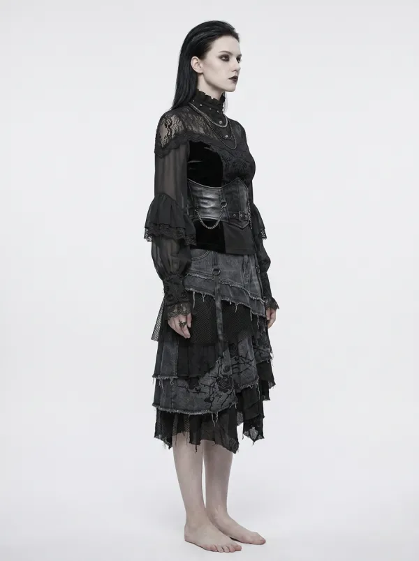 Women's Gothic Victorian Lace Ruffle Sleeve Printed Top