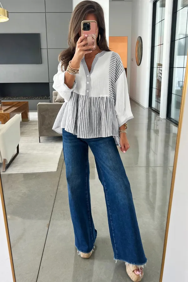 Gray Stripe Half Button Gauze Blouse