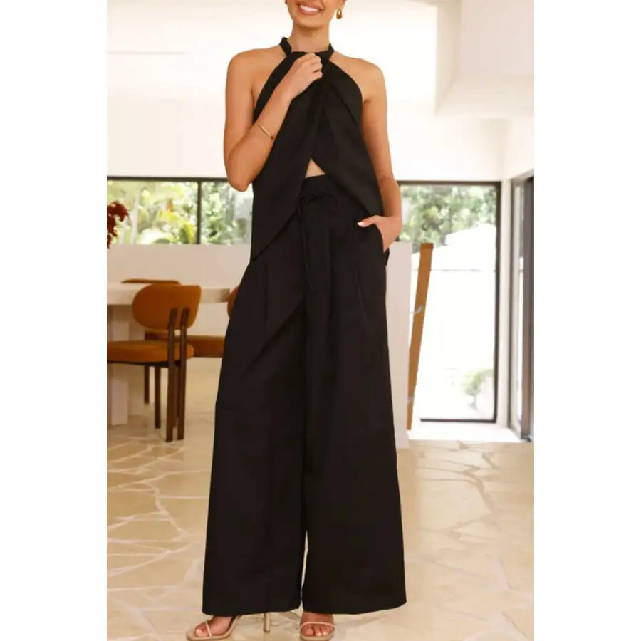 Halter Neck Top and Wide Leg Pants Set