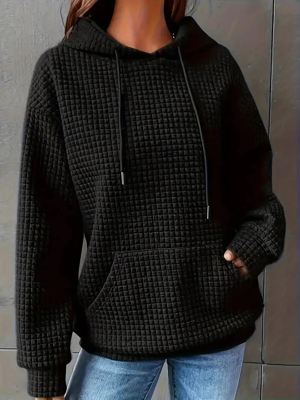 Drawstring Pocketed Textured Knit Hoodie