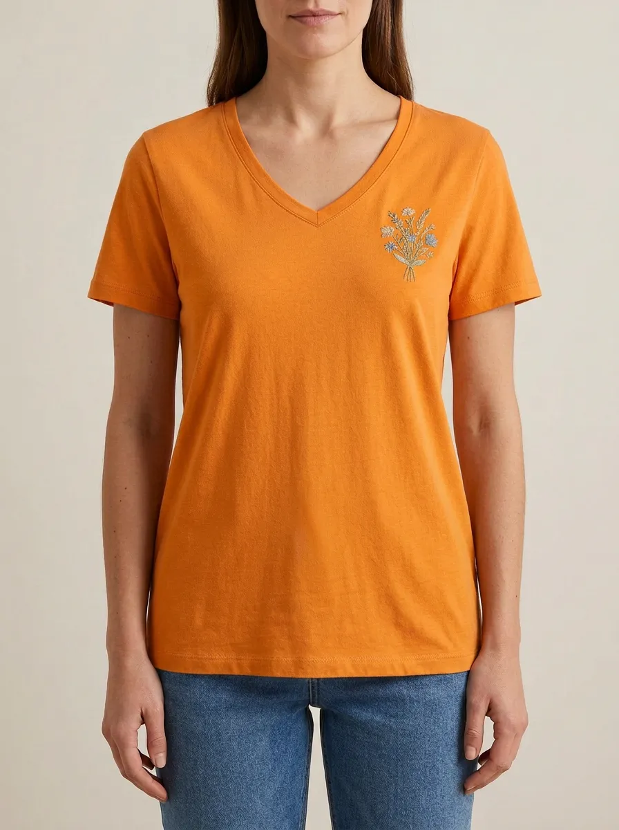 Women's Short-Sleeve Floral-Embroidered V-Neck T-Shirt