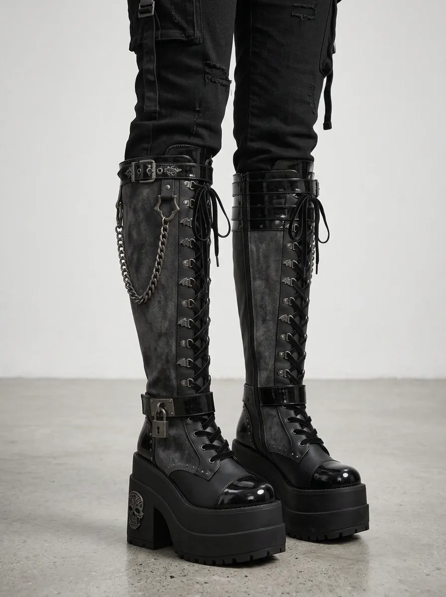 Ritual-Inspired Skull Lace Lace-Up Finish Women's Gothic Platform Knee High Boots