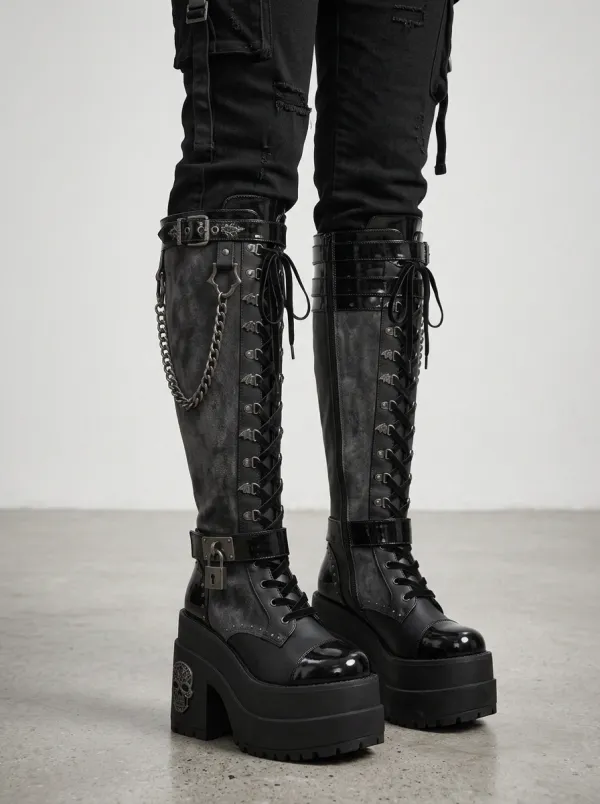 Ritual-Inspired Skull Lace Lace-Up Finish Women's Gothic Platform Knee High Boots