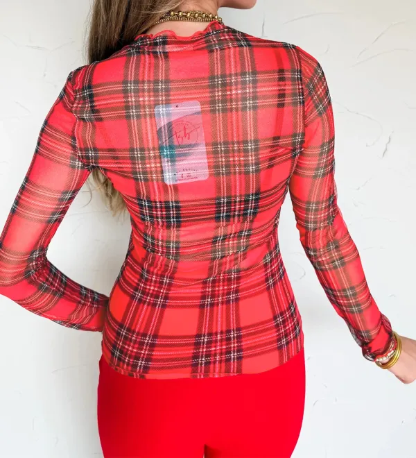 Plaid Round Neck Fitted Stretch Fabric Long Sleeve Top