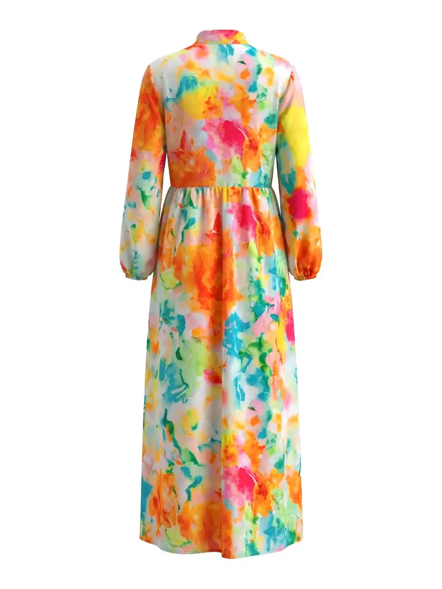Sleeves Pleated Printed Buttoned Long Shirt Maxi Dress