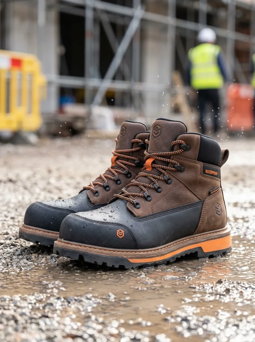 Men's Waterproof Brown Leather Orange Trim Construction Work Boots