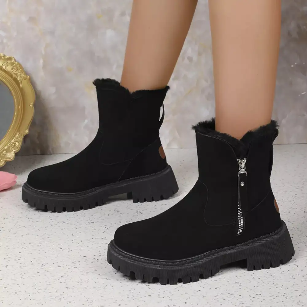 Fuzzy Lined Ankle Boots with Zipper