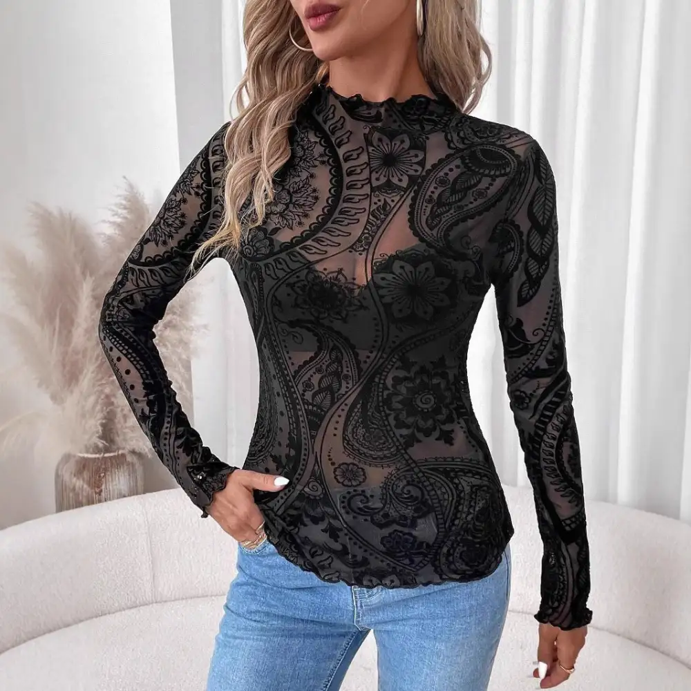 Paisley Flocked Mesh Blouse