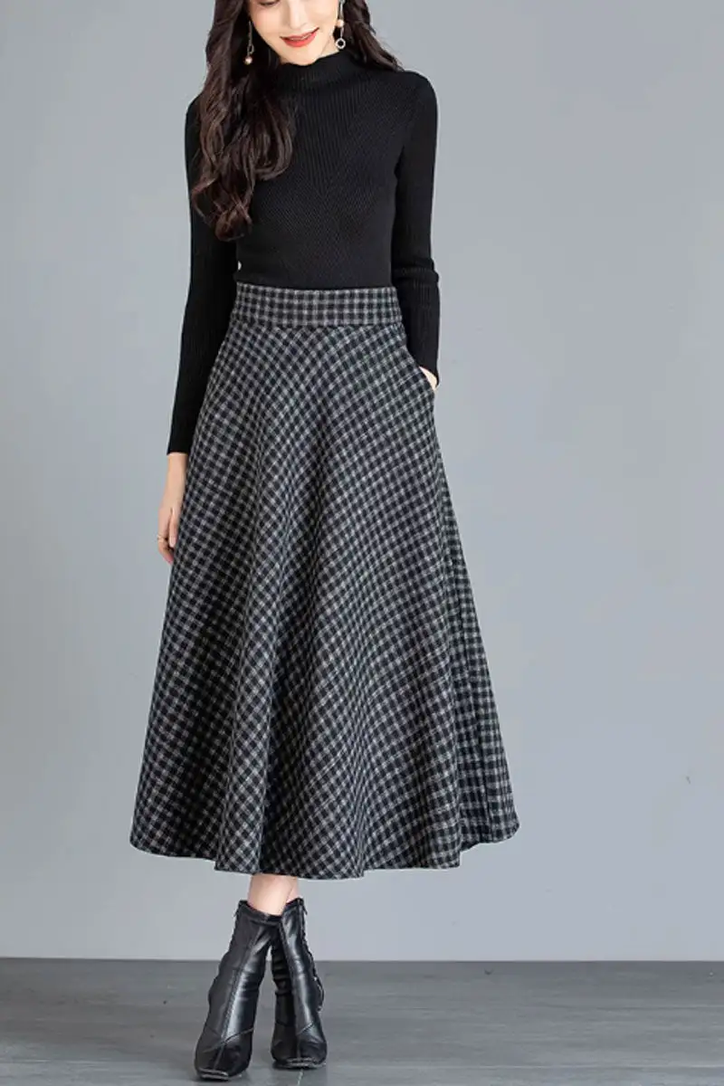 Checkered Wool Blend A Line Elastic Waist Midi Skirt