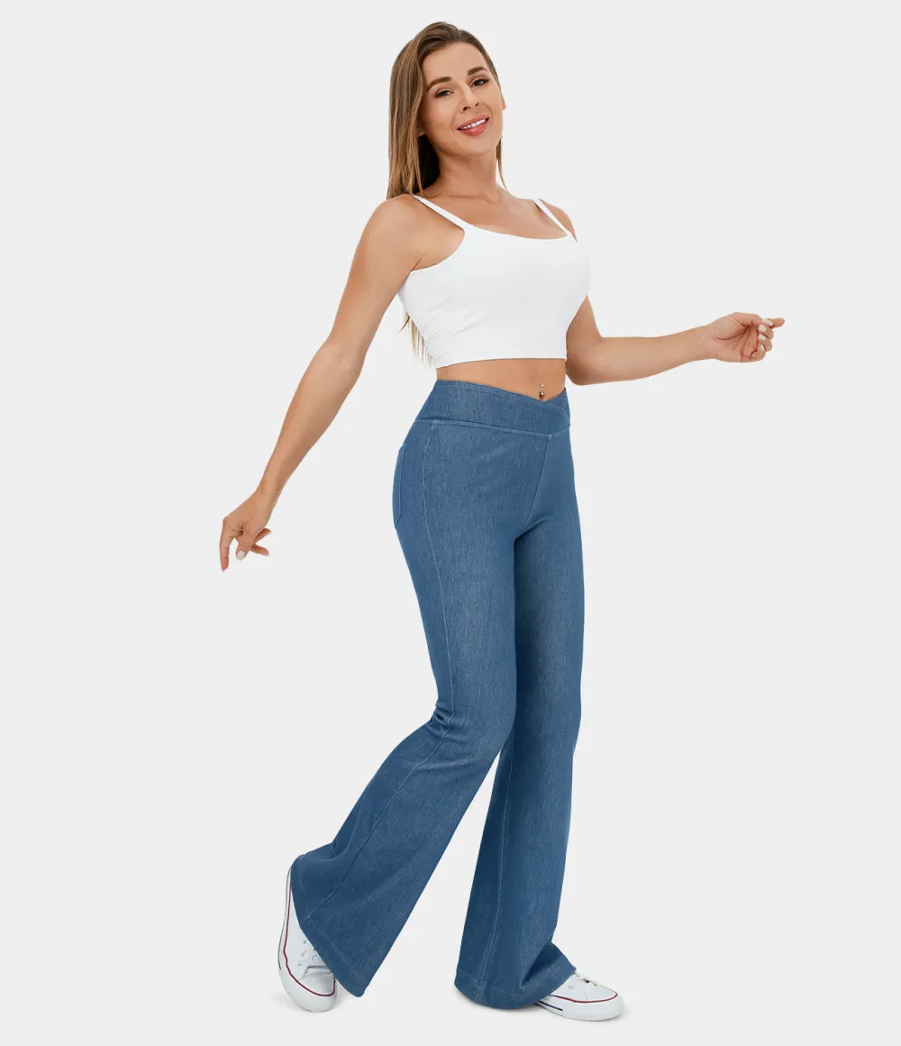 Magic High Waisted Crossover Back Pocket Stretchy Knit Casual Flare Jeans