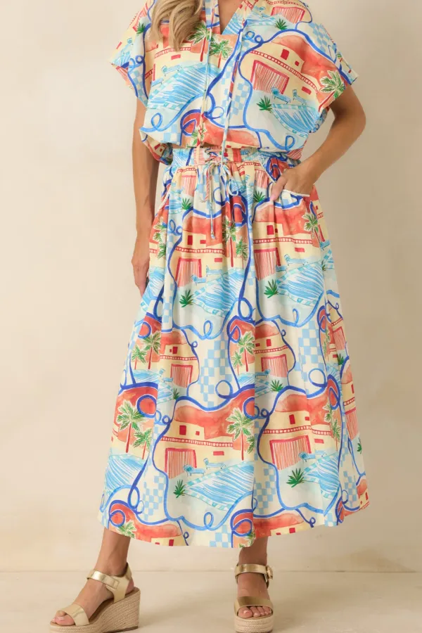 Multicolor Poolside Print Midi Skirt