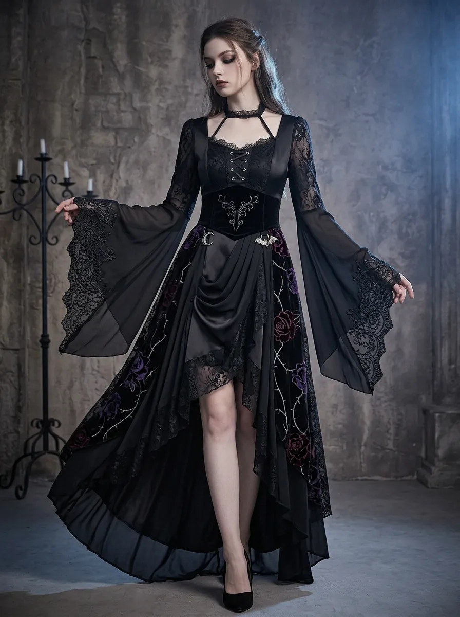 Women's Gothic Rose Moon Bat Printed Lace Flare Sleeve Mini Dress