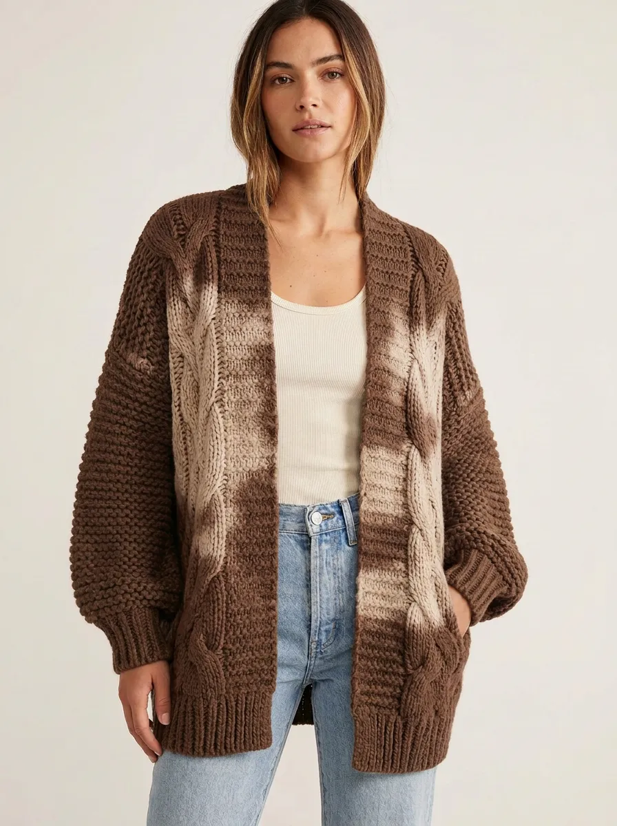 Women's Textured Cable Open Front Cardigan