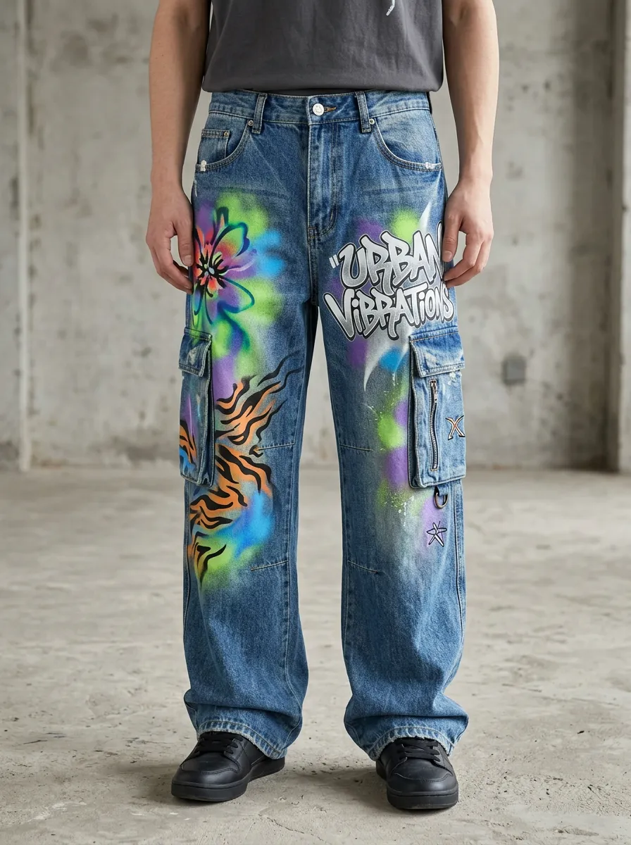 Men's Streetwear Urban Vibrations Graffiti Tiger Flower Graphic Cargo Jeans