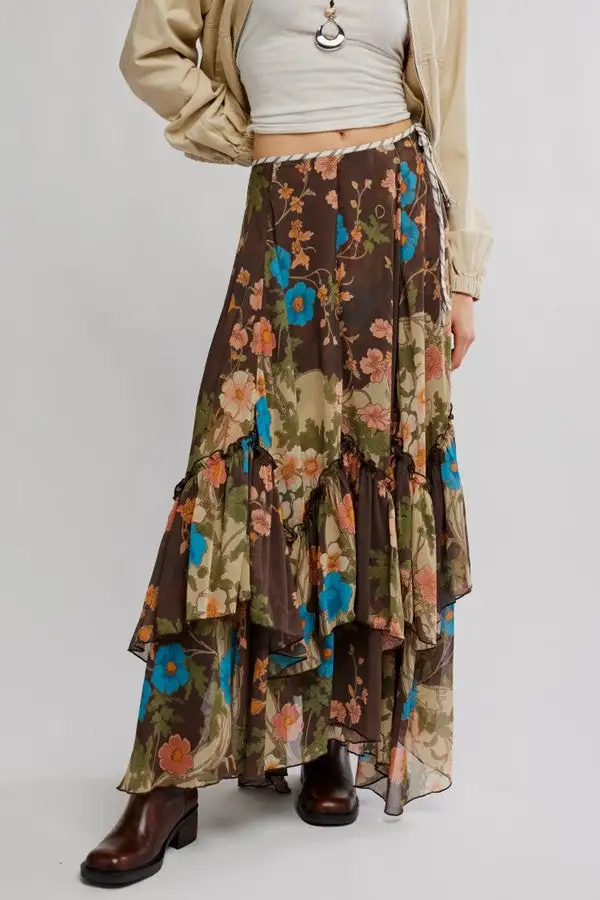 Women's Floral Print Chiffon Ruffle Maxi Skirt