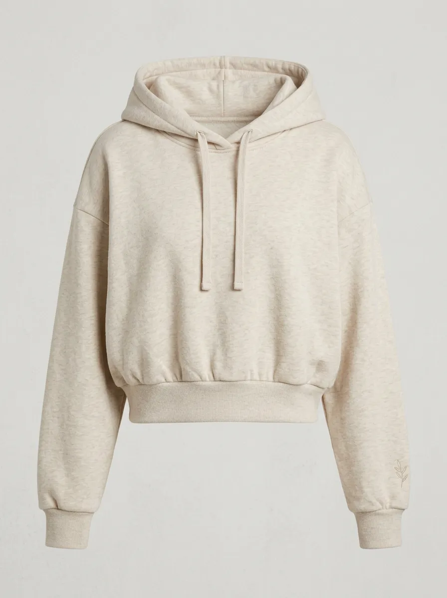 Women's Minimalist Solid Beige Embroidered Leaf Cropped Hoodie