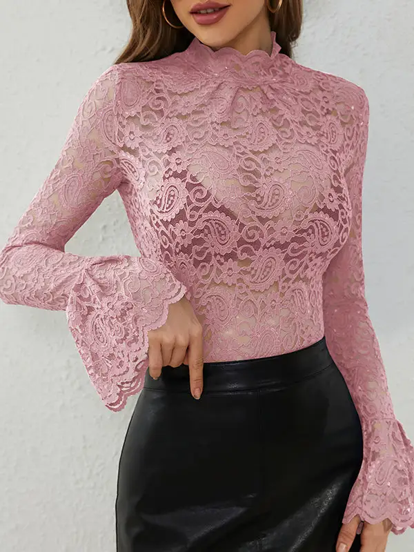 Sheer Panel Detail Mock Neck Flared Sleeve Long Sleeve T-Shirt