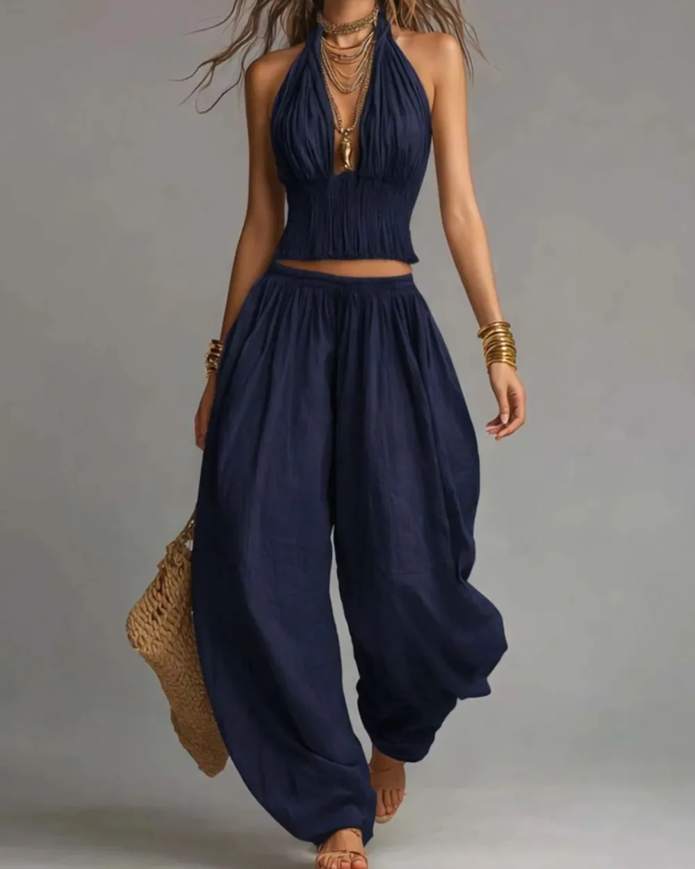 Casual Backless Craft Halter Closure Wide Leg Pants Set