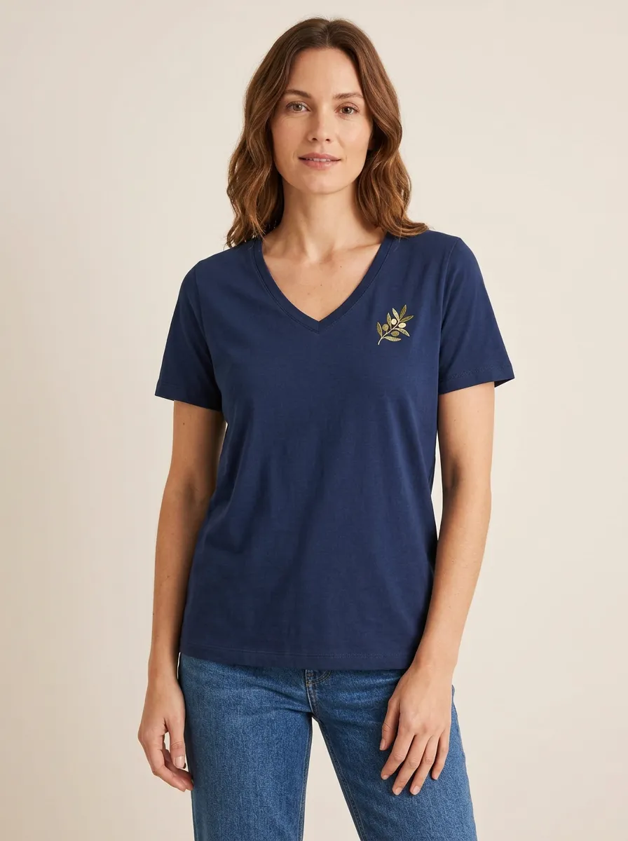 Women's Olive-Branch-Embroidered V-Neck T-Shirt