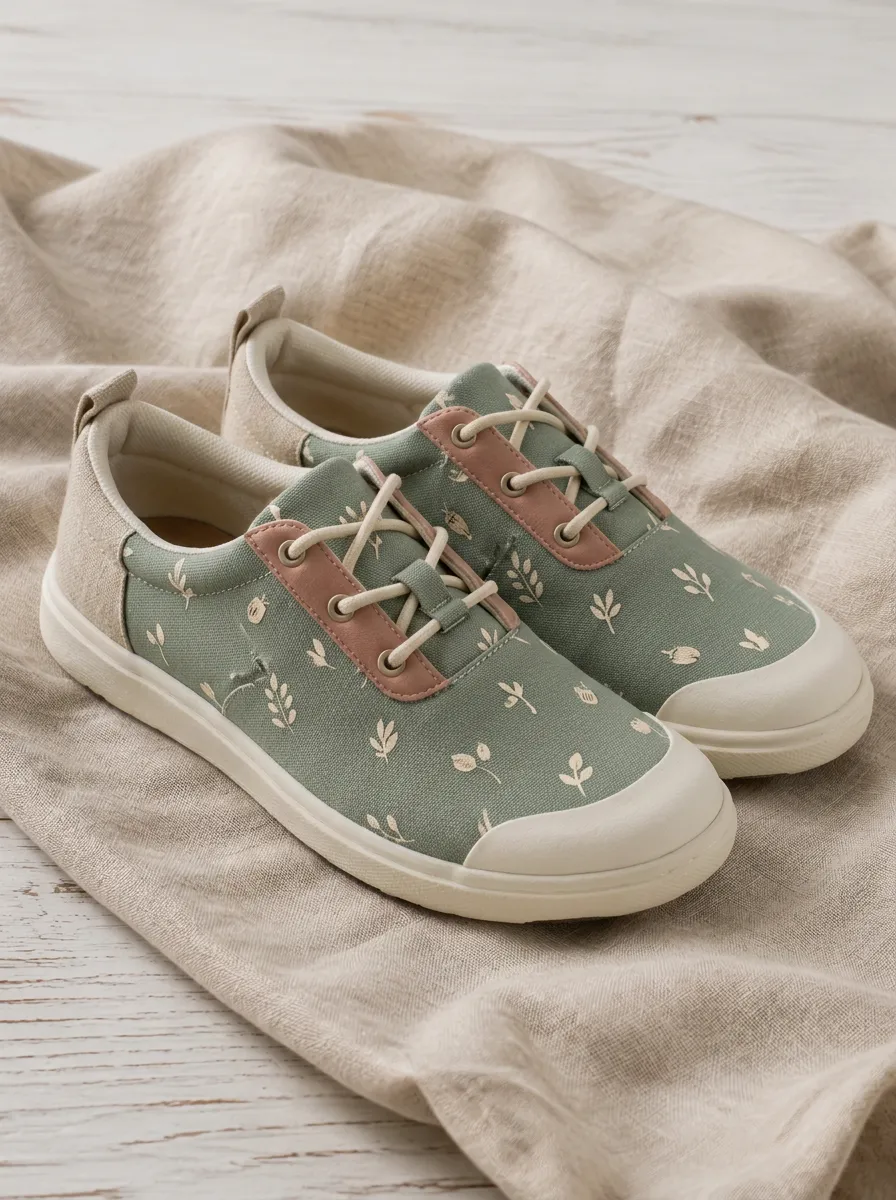 Women's Botanical Nature Lover Sage Green Leaf Printed Canvas Shoes