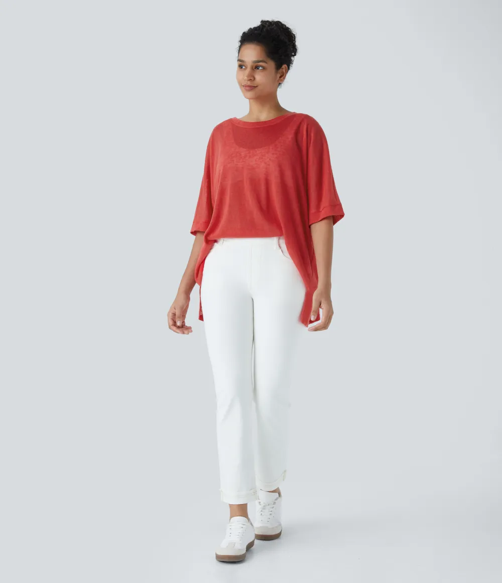 Asymmetric Split Hem Sheer Oversize Casual Top