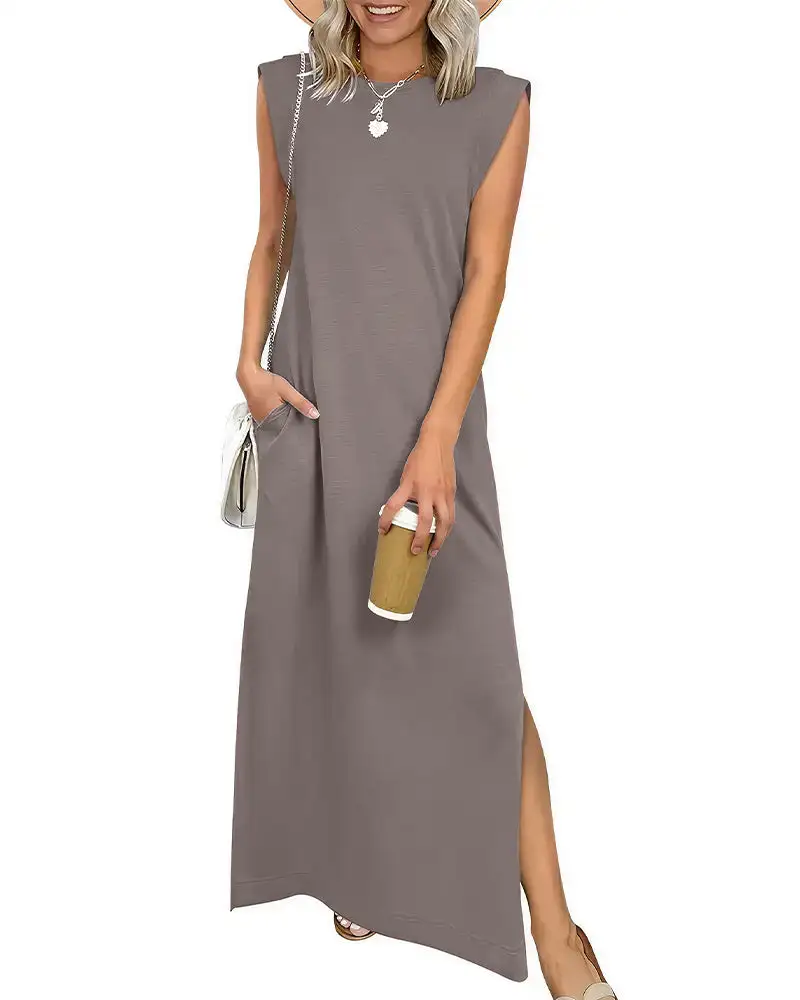 Casual Sleeveless Split Maxi Dress With Pockets