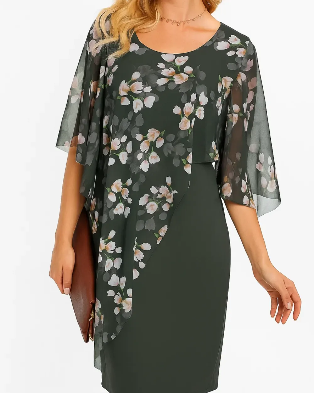 Floral Overlay Midi Dress  Layered Design