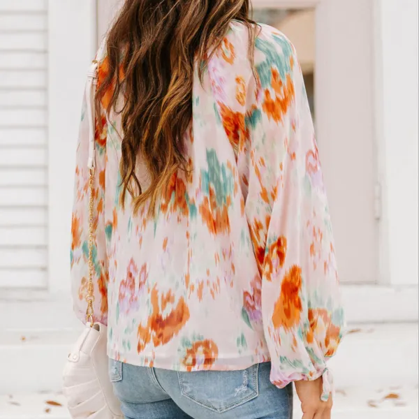 Abstract Print Puff Sleeve Split Neck Blouse