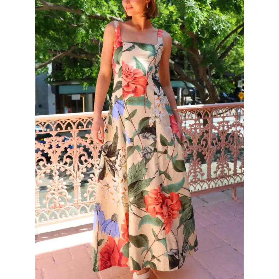 Classic Floral Print Square Neck Maxi Dress