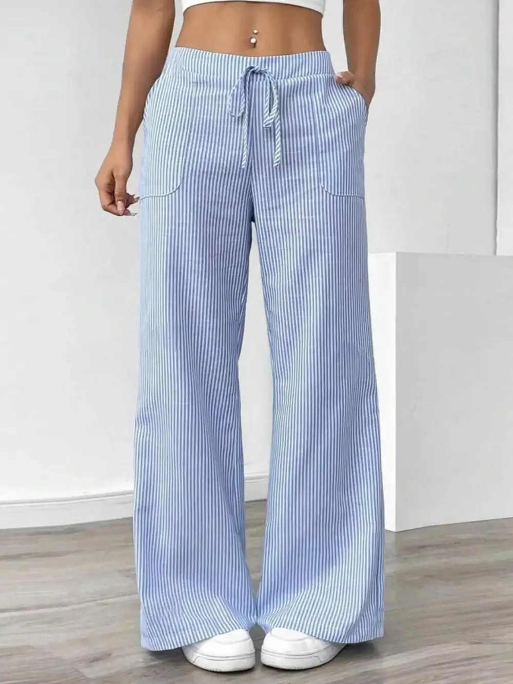 Wide Leg Striped Pocketed Casual Pants