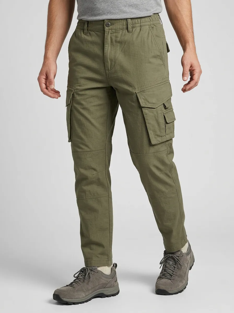Men's Outdoor Tactical Olive Green Multi-Pocket Elasticized Waist Cargo Pants