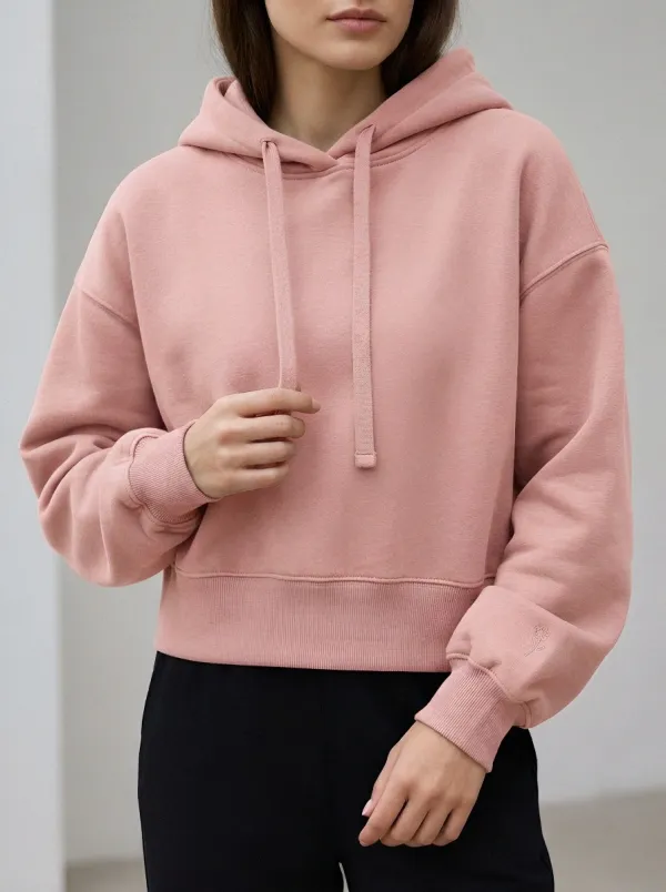 Women's Minimalist Flower Embroidered Solid Grey Cropped Hoodie