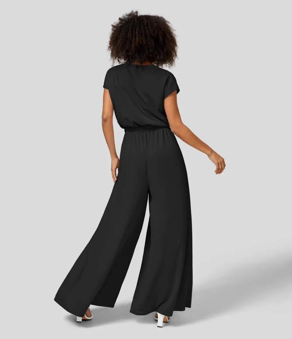 V Neck Short Sleeve Plicated Side Pocket Wide Leg Flowy Waffle Casual Jumpsuit