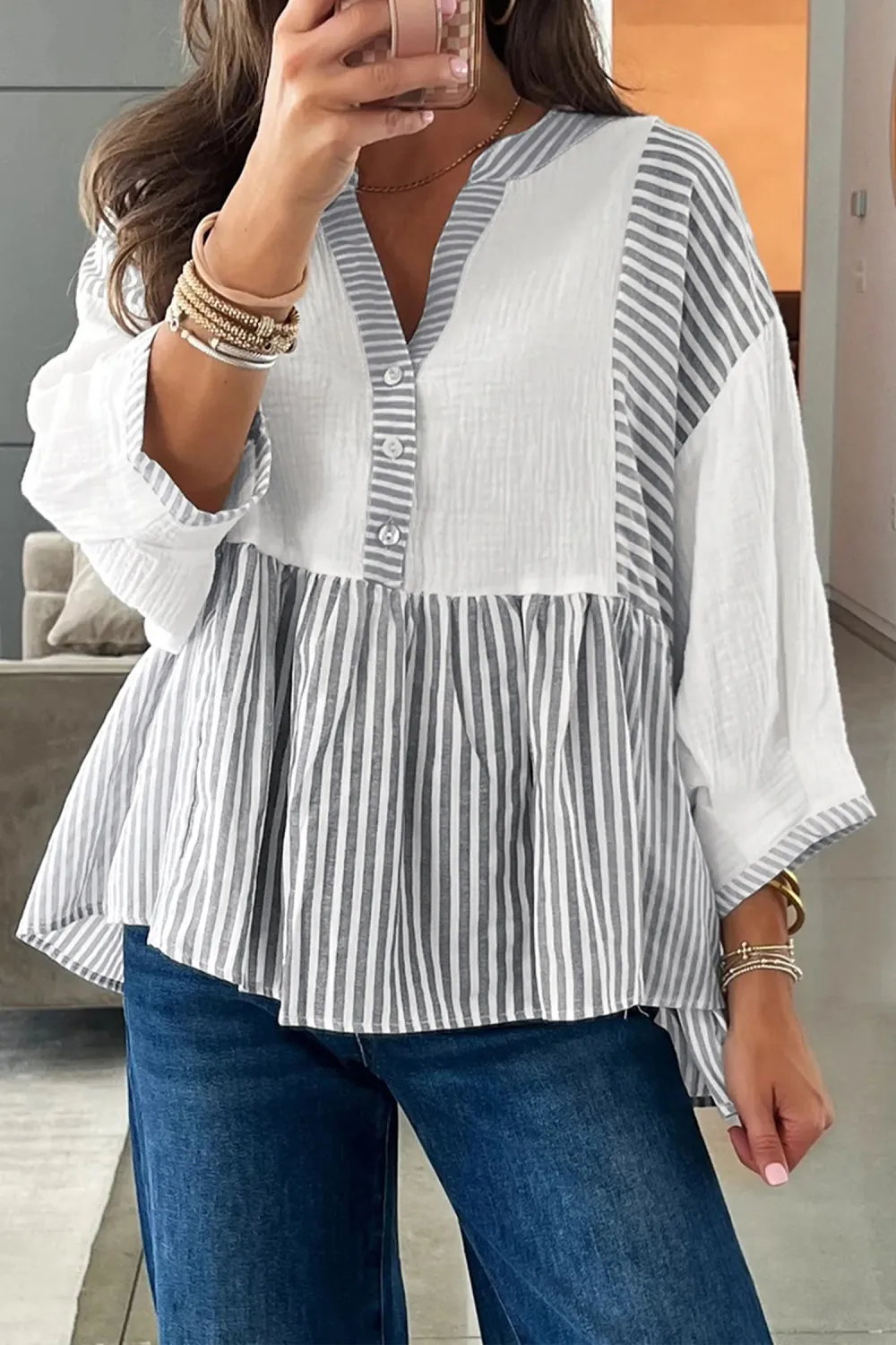 Gray Stripe Half Button Gauze Blouse