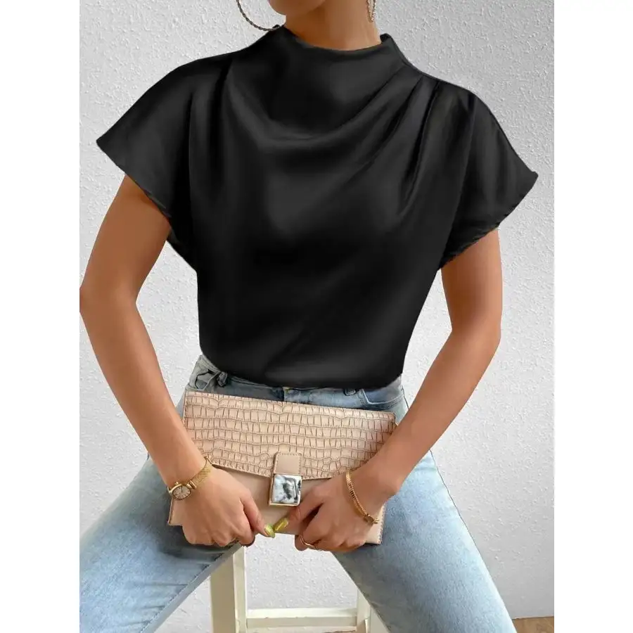Mock Neck Short Sleeve Satin Blouse