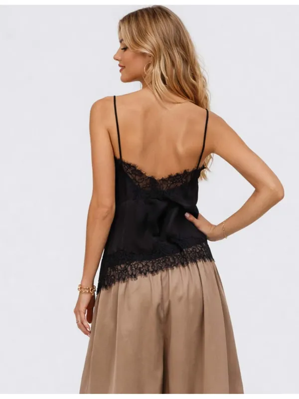 Satin Lace Trim V Neck Irregular Hem Cami Top