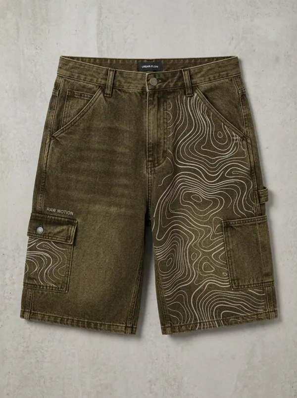 Casual Cargo Denim Topographic Men's Cargo Shorts