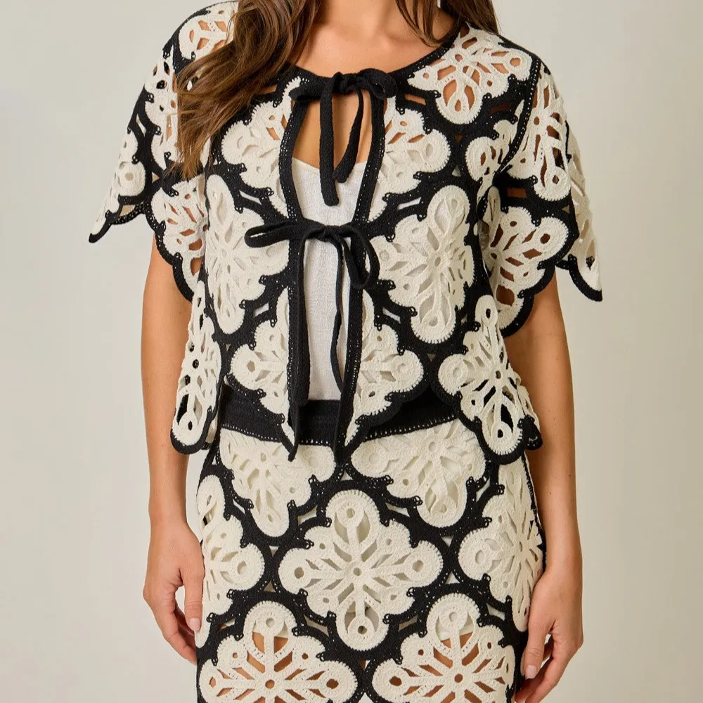 Classic Open Front Tie Front Crochet Cardigan