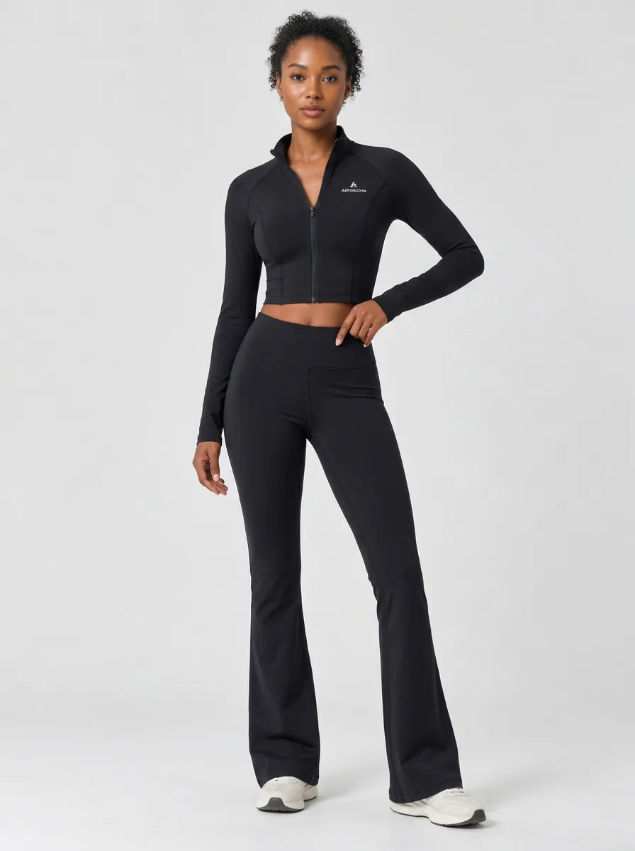 Women's Black Raglan High Neck Crop Jacket and Flare Pants Set