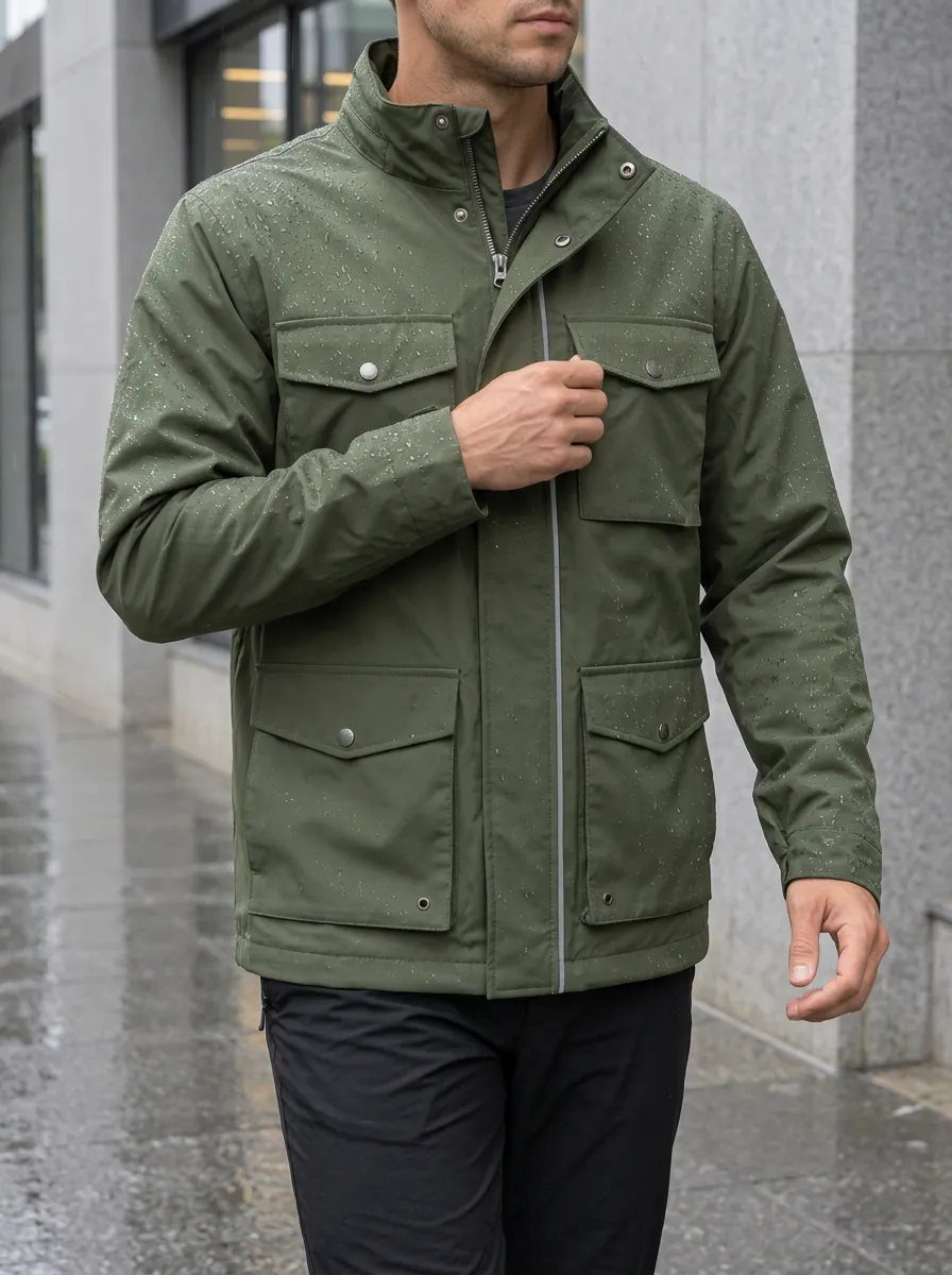 Men's Olive Green Waterproof Field Jacket with a Stand Collar