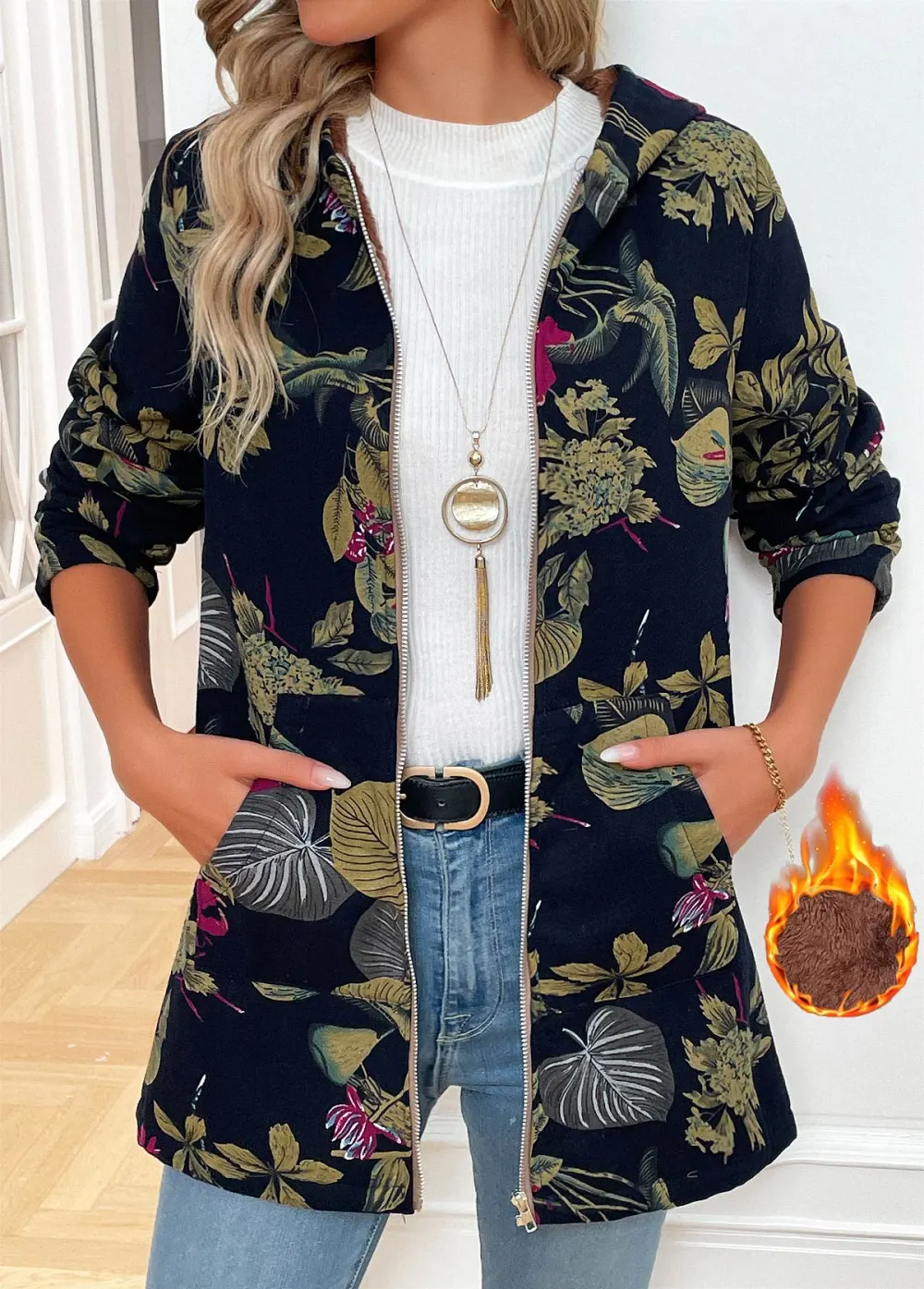 Navy Pocket Floral Print Long Sleeve Hooded Coat