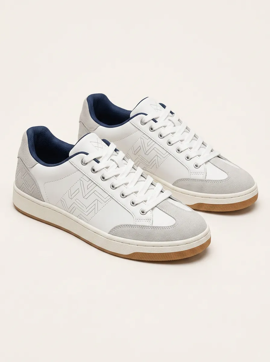 Men's Geometric Pattern White Suede Printed Sneakers